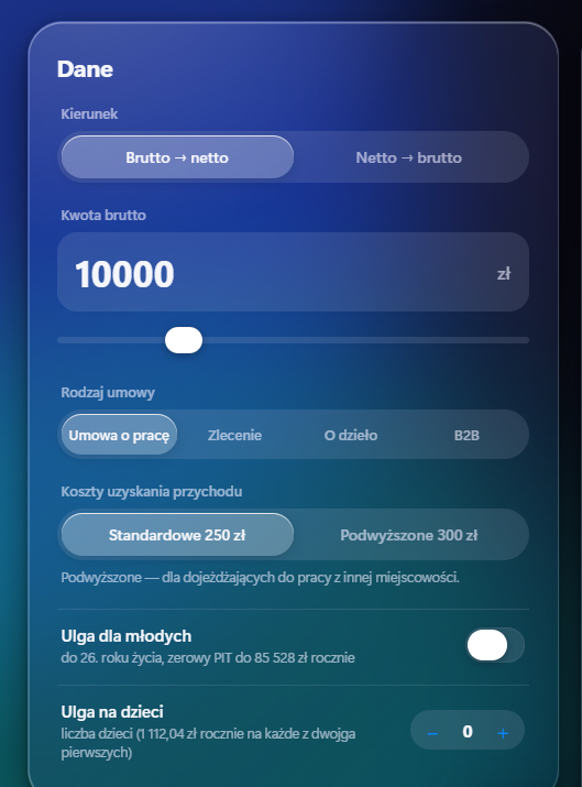 Kalkulator – Dane: kierunek, kwota, rodzaj umowy, koszty i ulgi